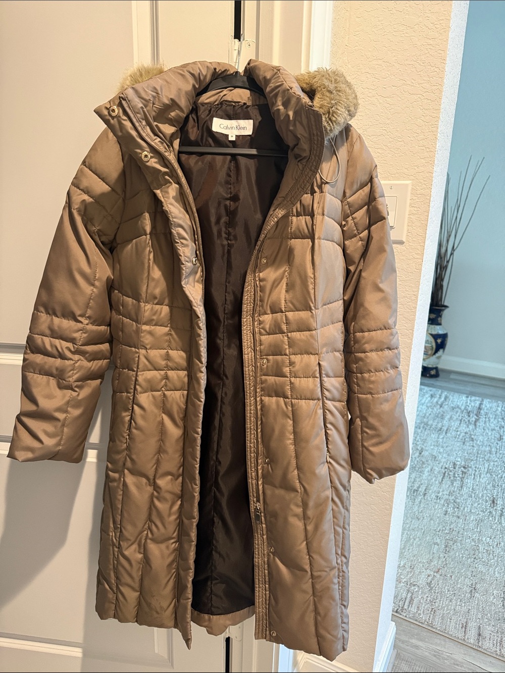 Calvin Klein Beige Long Quilted Puffer Coat with Faux-Fur Hood